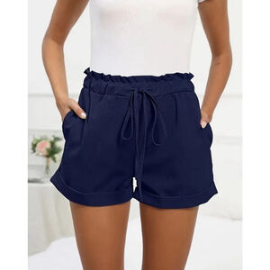 Plus Size Casual Shorts, Women's Plus Solid Paperbag Drawstring Waist Rolled Hem